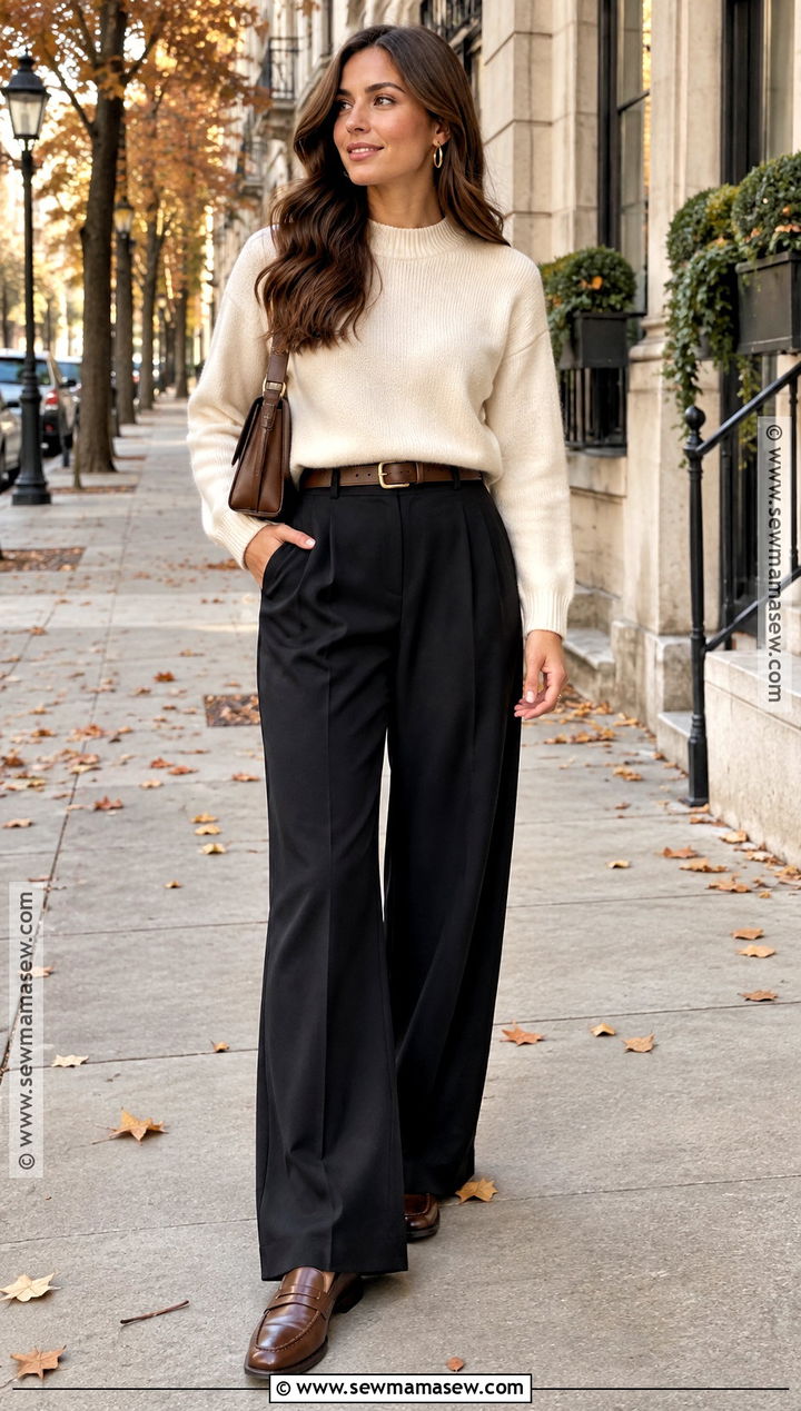 Wide Leg Pants With Cream Sweater And Loafers - 20 wide leg pants outfit fall