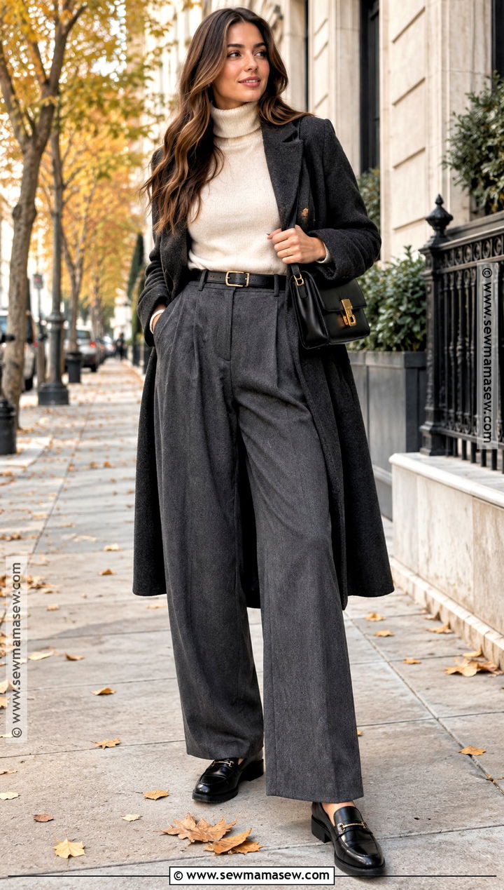 Wide Leg Pants With Fitted Turtleneck And Loafers - 20 wide leg pants fall outfit