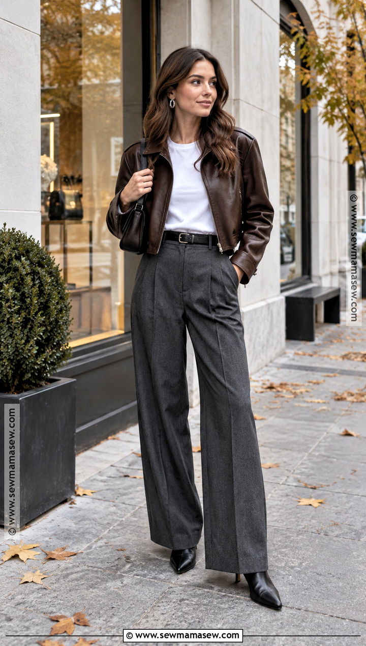 Wide Leg Pants With Leather Jacket And T Shirt - 20 wide leg pants outfit fall