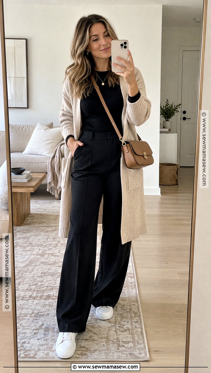 Wide Leg Pants With Long Cardigan And Sneakers - 20 wide leg pants fall outfit