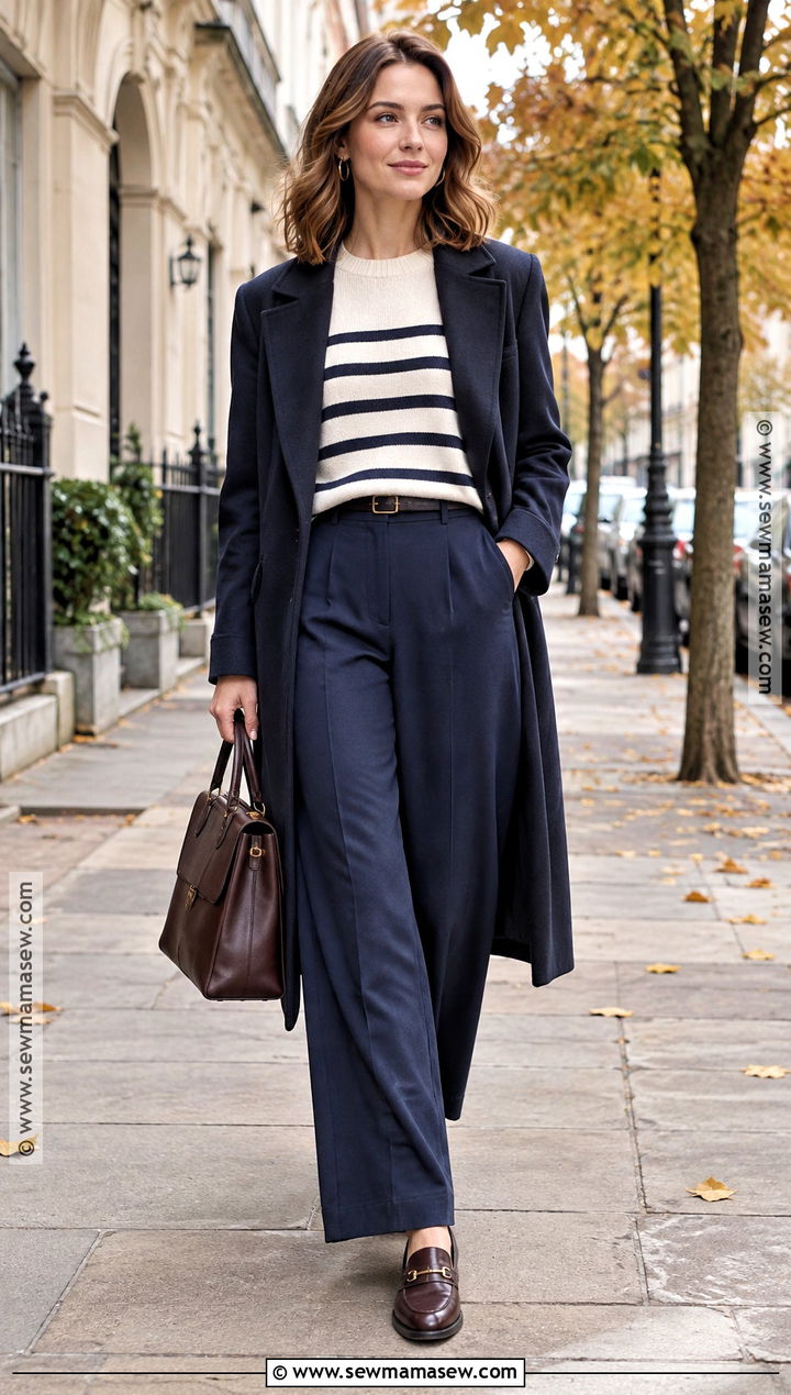 Wide Leg Pants With Striped Sweater And Loafers - 20 wide leg pants outfit fall