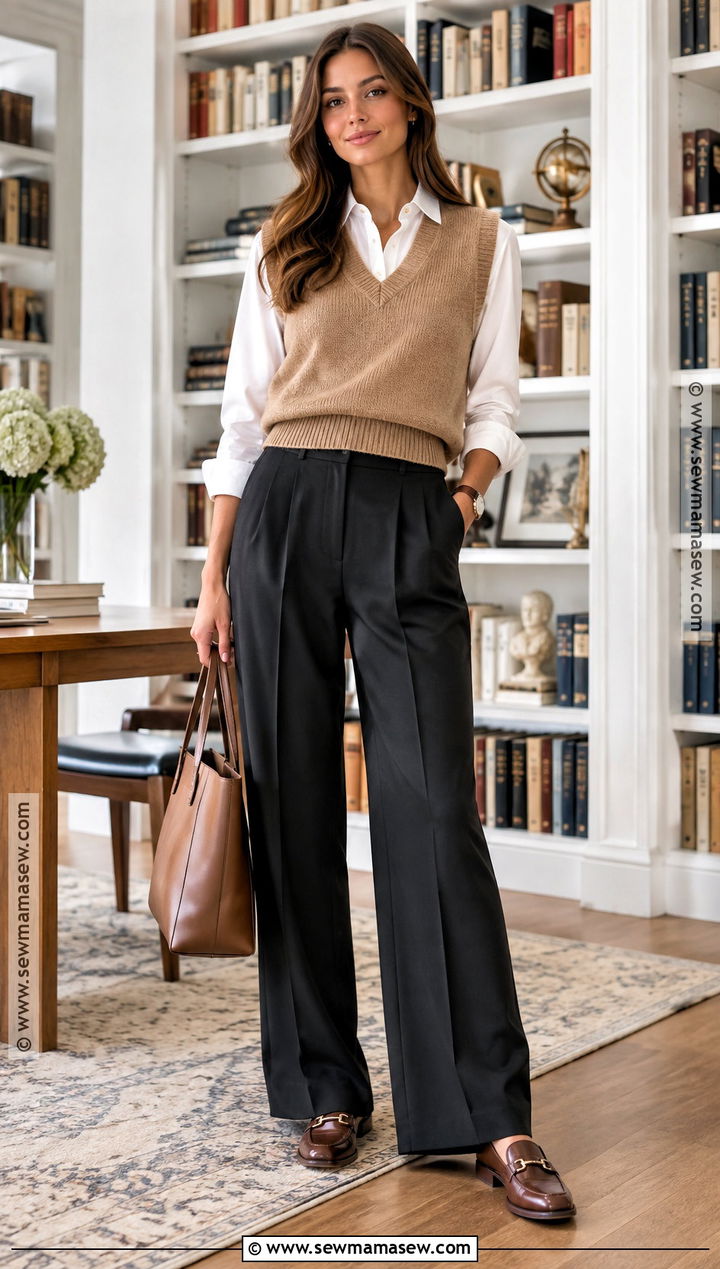 Wide Leg Pants With Sweater Vest And Button Down - 20 wide leg pants fall outfit
