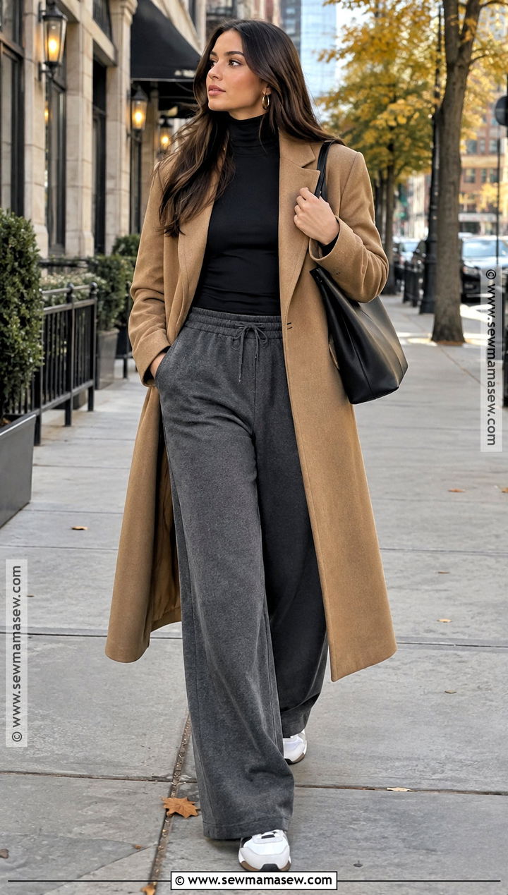 Wide Leg Sweatpants Outfit With Long Coat - 15 fall sweatpants outfits baddie