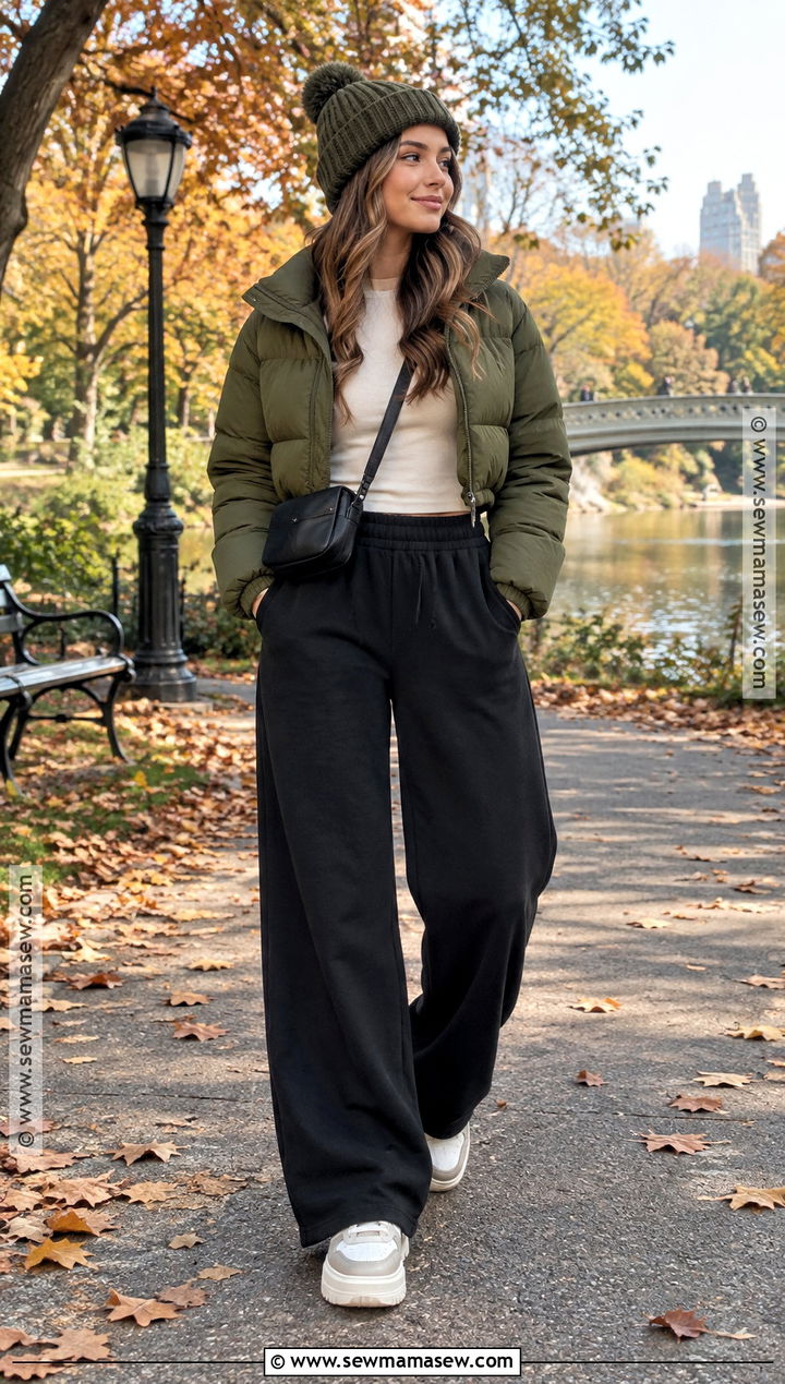 Wide Leg Sweatpants With Cropped Puffer - 25 Fall Outfits Sweatpants