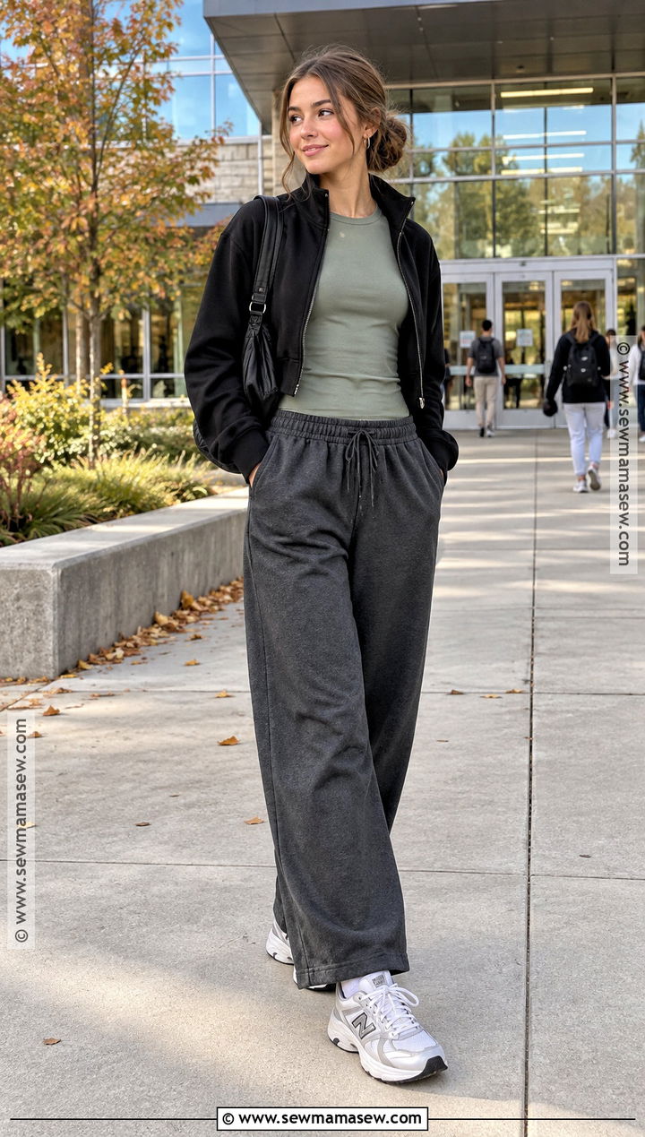 Wide Leg Sweatpants With Fitted Long Sleeve Top - 15 sweatpants outfit for school fall ideas