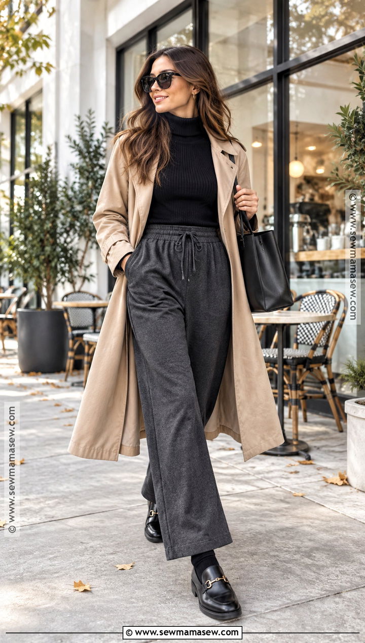 Wide Leg Sweatpants With Turtleneck And Trench Coat - 20 sweatpants outfit fall ideas