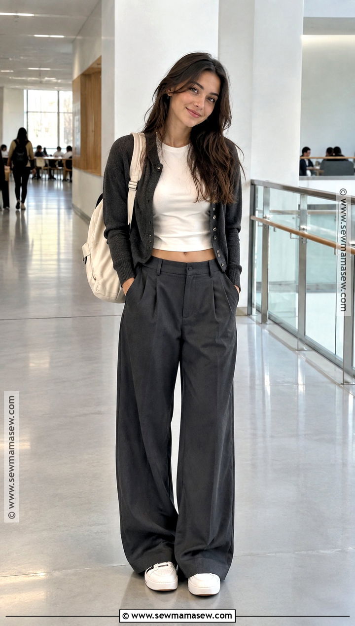 Wide Leg Trousers And Baby Tee Back To School Outfit - 25 back to school fits