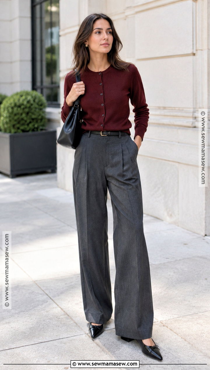 Wide Leg Trousers And Cardigan With Ballet Flats - 20 fall ballet flats outfit ideas