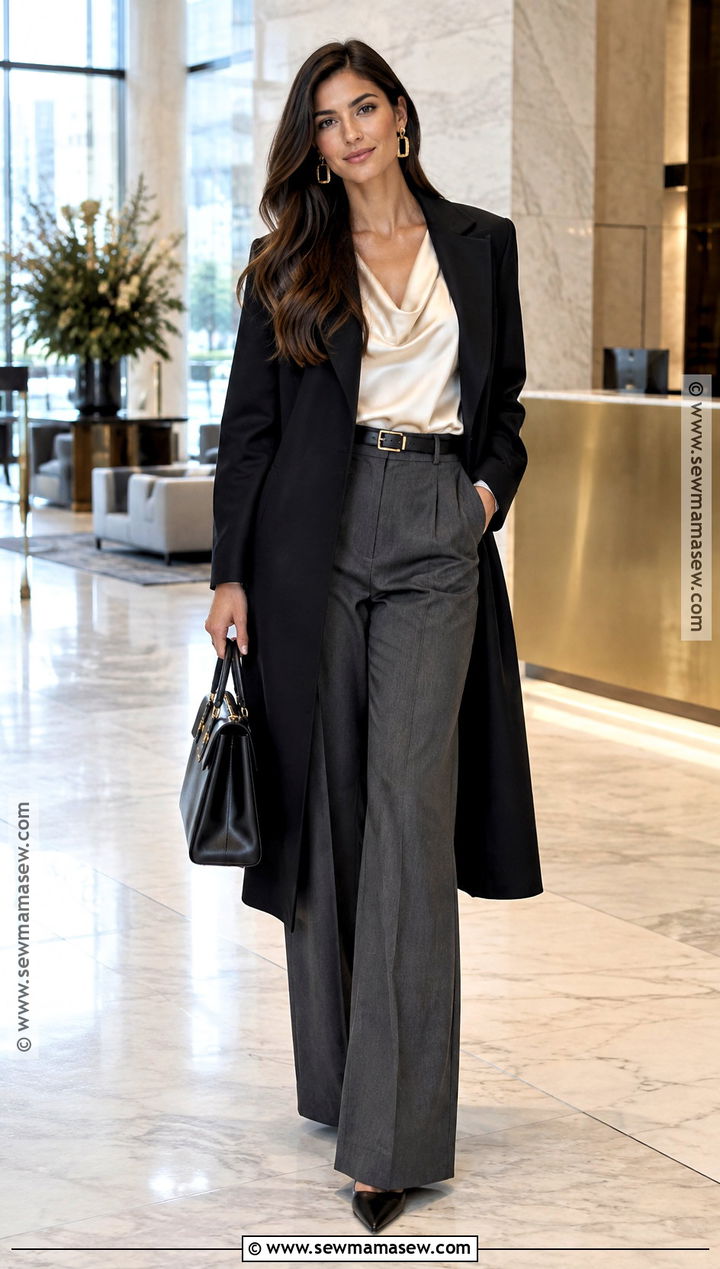 Wide Leg Trousers And Draped Blouse Fall Outfit - 15 fall dressed up outfits