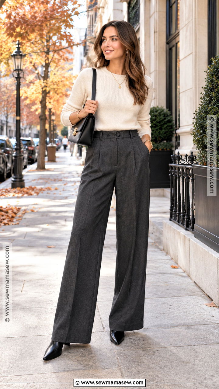 Wide Leg Trousers And Fitted Sweater Fall Outfit - 20 pants fall outfit