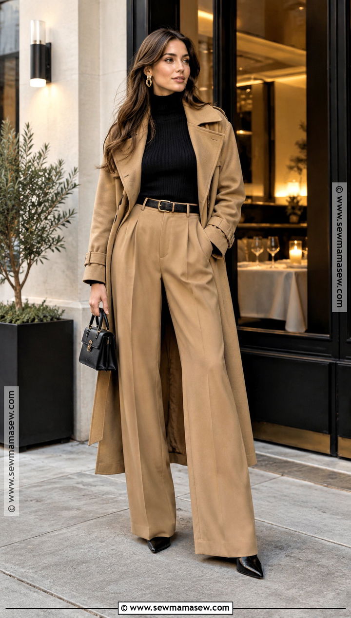 Wide Leg Trousers And Fitted Turtleneck Fall Dinner Outfit - 20 dinner date fall outfit ideas