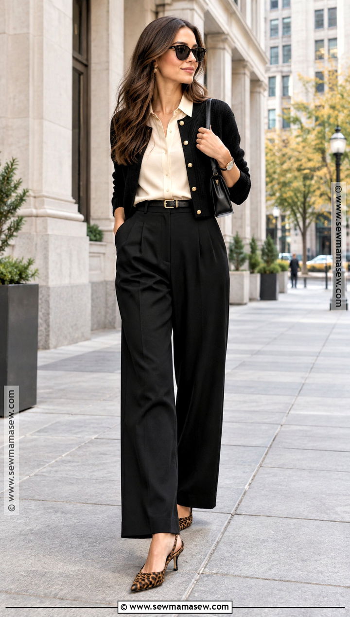 Wide Leg Trousers And Leopard Slingbacks - 15 Leopard Shoes Outfit Fall