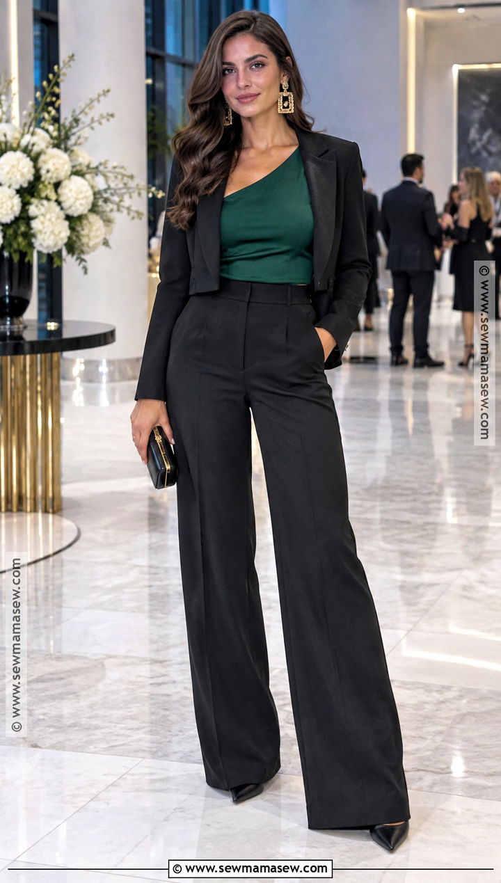 Wide Leg Trousers And One Shoulder Top Fall Outfit - 20 girls night out fall outfit ideas