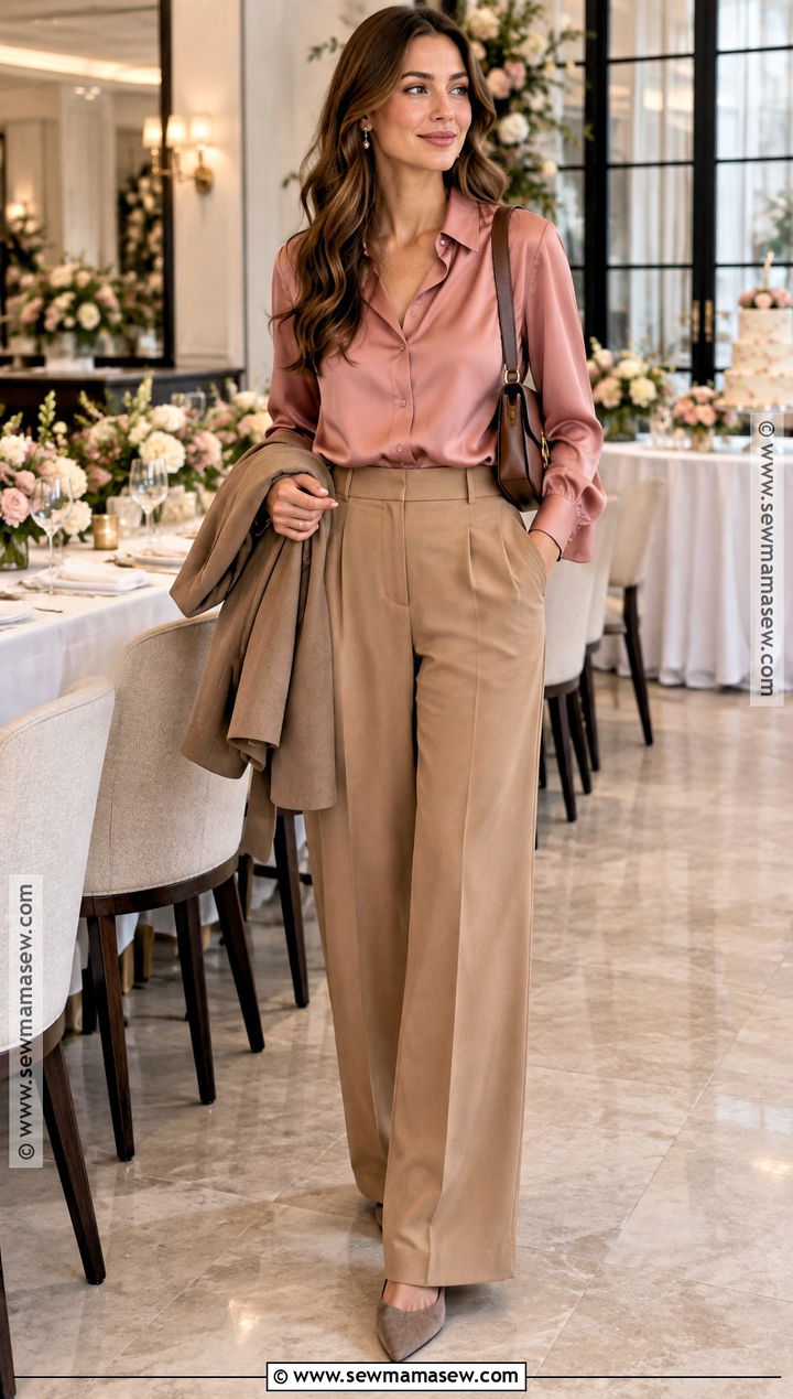 Wide Leg Trousers And Satin Blouse Bridal Shower Outfit - 20 fall bridal shower outfit for guest casual ideas