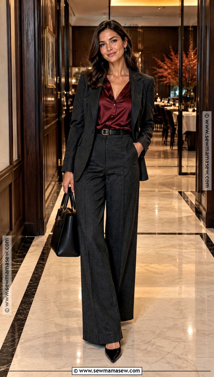 Wide Leg Trousers And Silk Blouse Fall Dinner Outfit - 25 fall dinner outfits