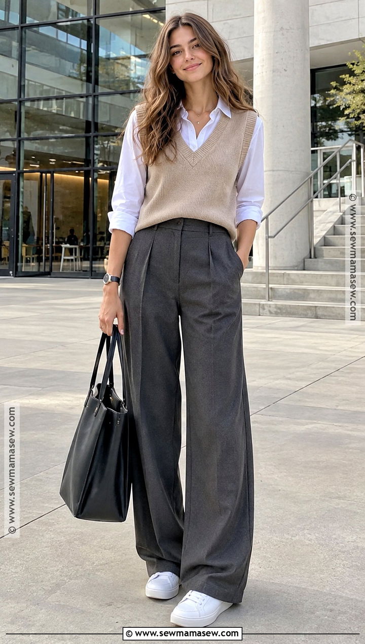 Wide Leg Trousers And Sweater Vest Outfit - 15 Back To School Fashion Trends 2026