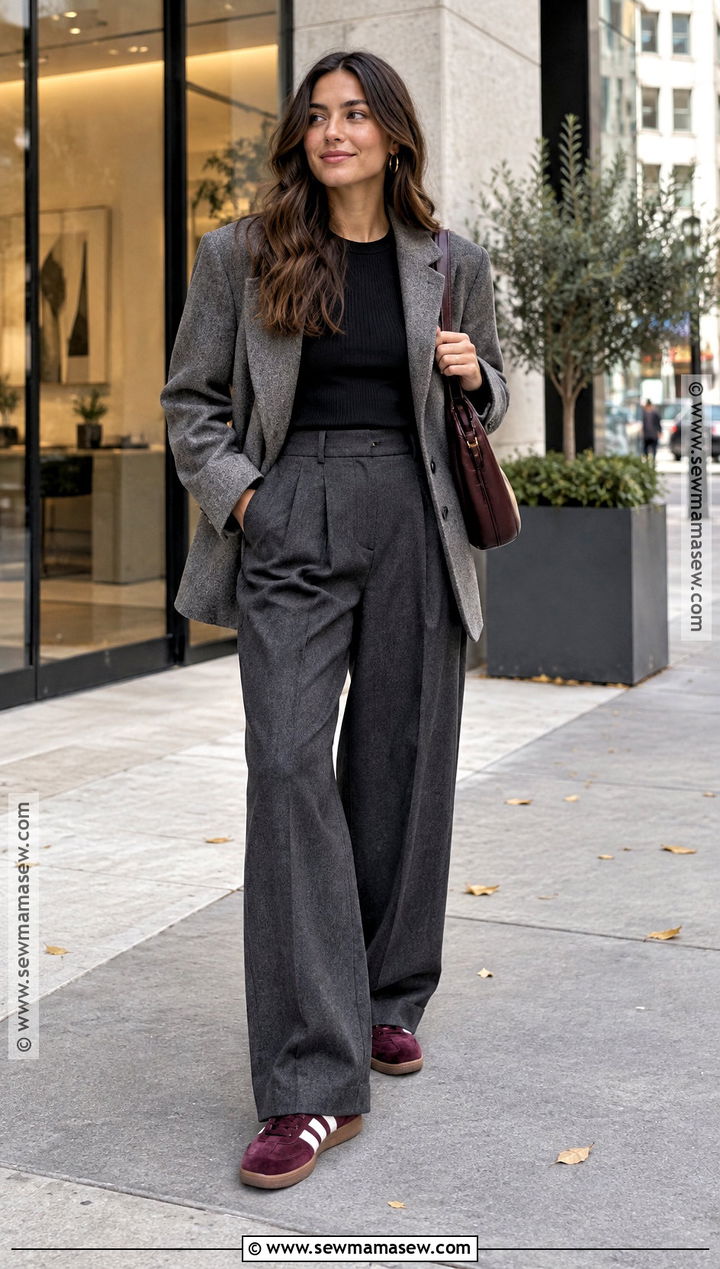 Wide Leg Trousers Fall Outfit With Retro Sneakers - 20 Fall Outfit With Sneakers
