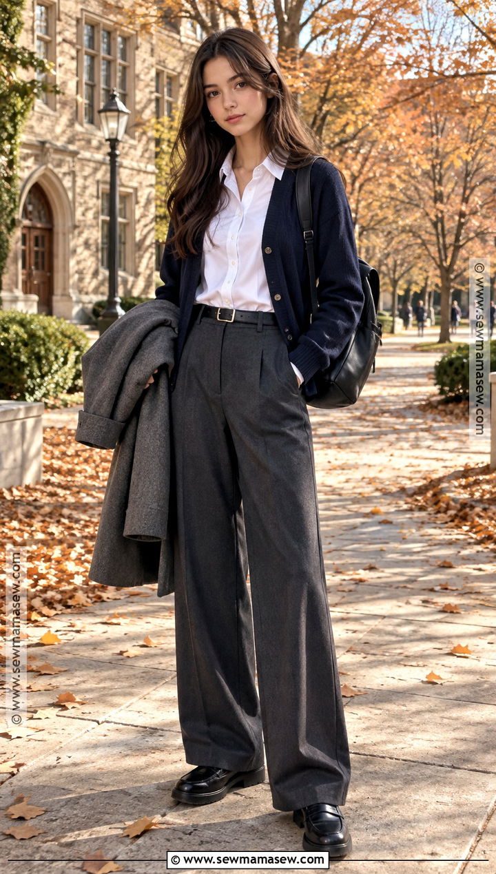 Wide Leg Trousers School Uniform With Fitted Cardigan - 20 Autumn School Uniform Ideas