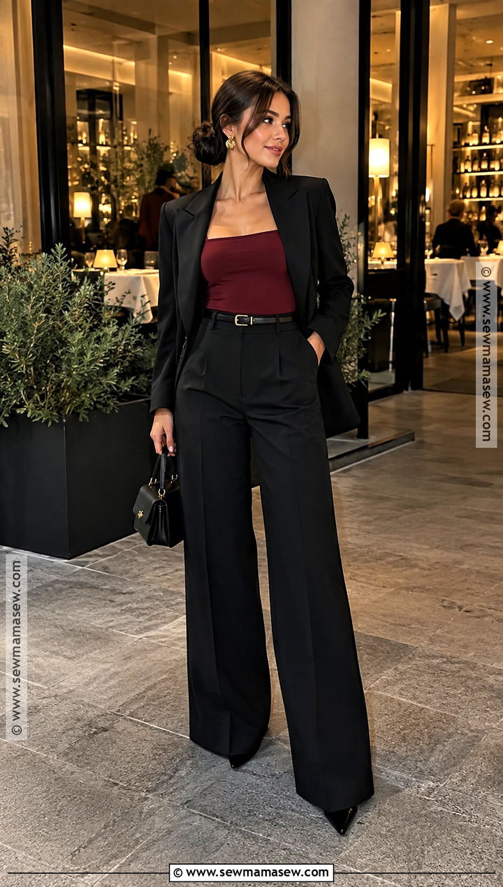 Wide Leg Trousers With Fitted Top And Blazer - 15 fall date night outfit dressy romantic ideas