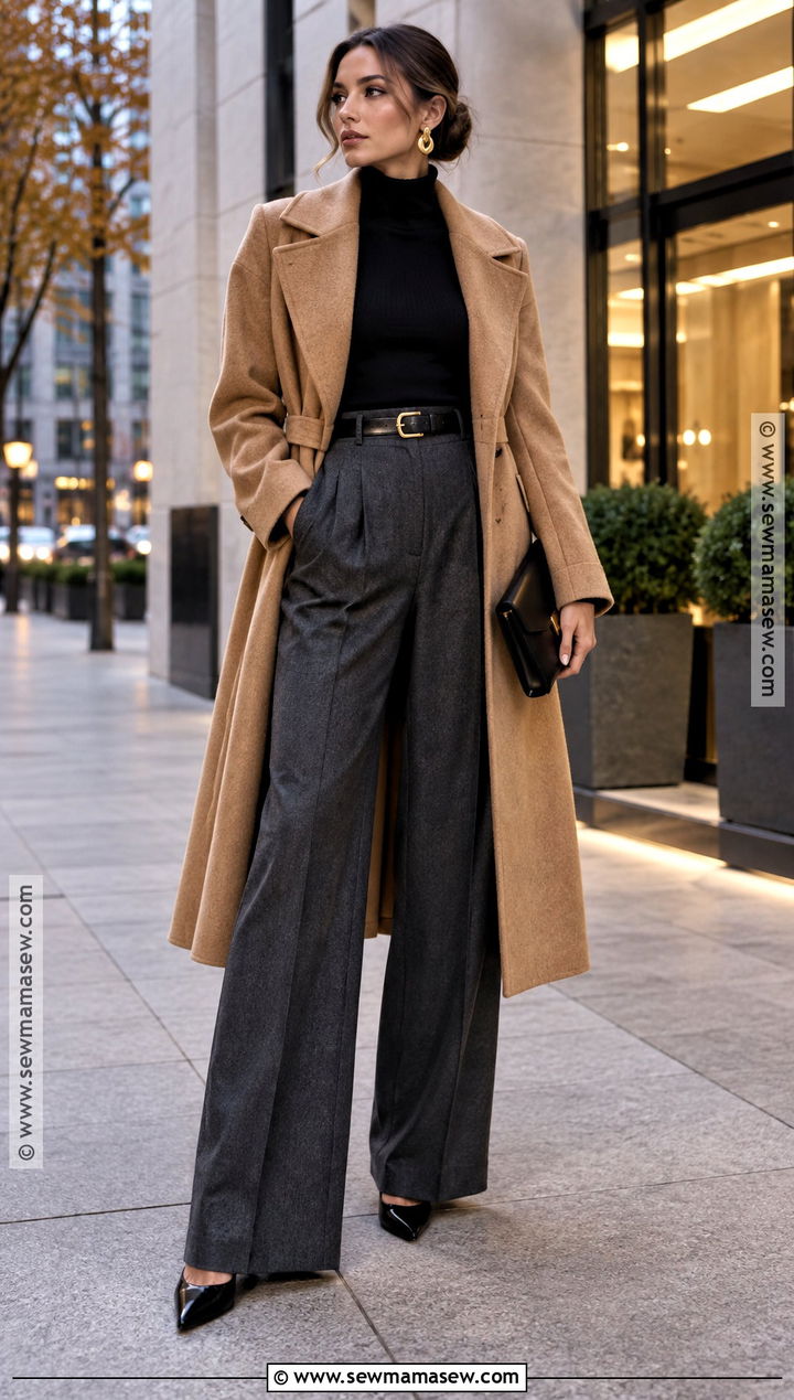 Wide Leg Trousers With Fitted Turtleneck - 20 fall dinner date outfit night out ideas