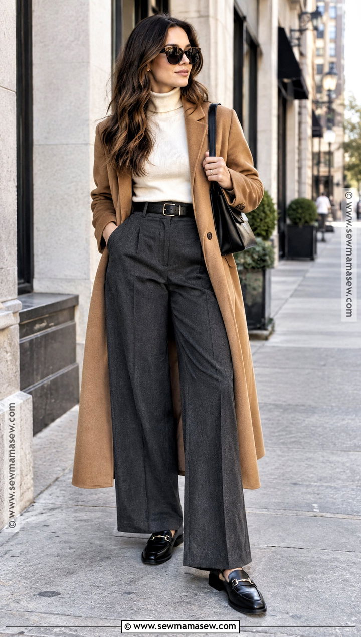 Wide Leg Trousers With Fitted Turtleneck And Loafers - 20 trousers fall outfit ideas