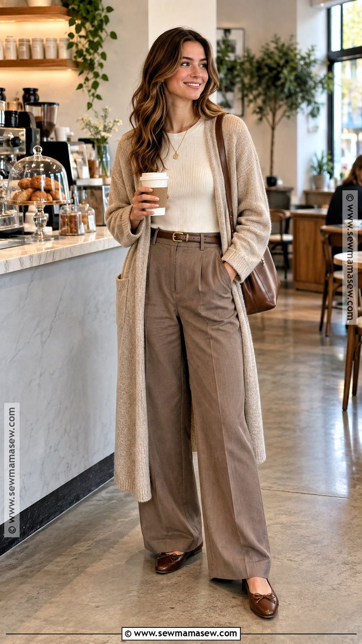 Wide Leg Trousers With Long Cardigan And Ballet Flats - 20 fall outfits trousers