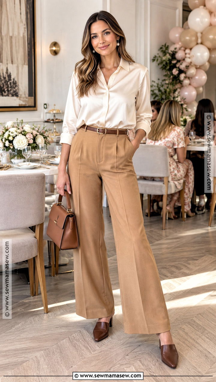 Wide Leg Trousers With Silky Blouse and Mules - 25 baby shower outfit for guest fall casual ideas
