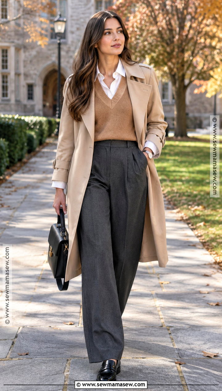 Wide Leg Trousers With Sweater Vest And Button Down Shirt - 15 wide leg trousers fall outfit ideas