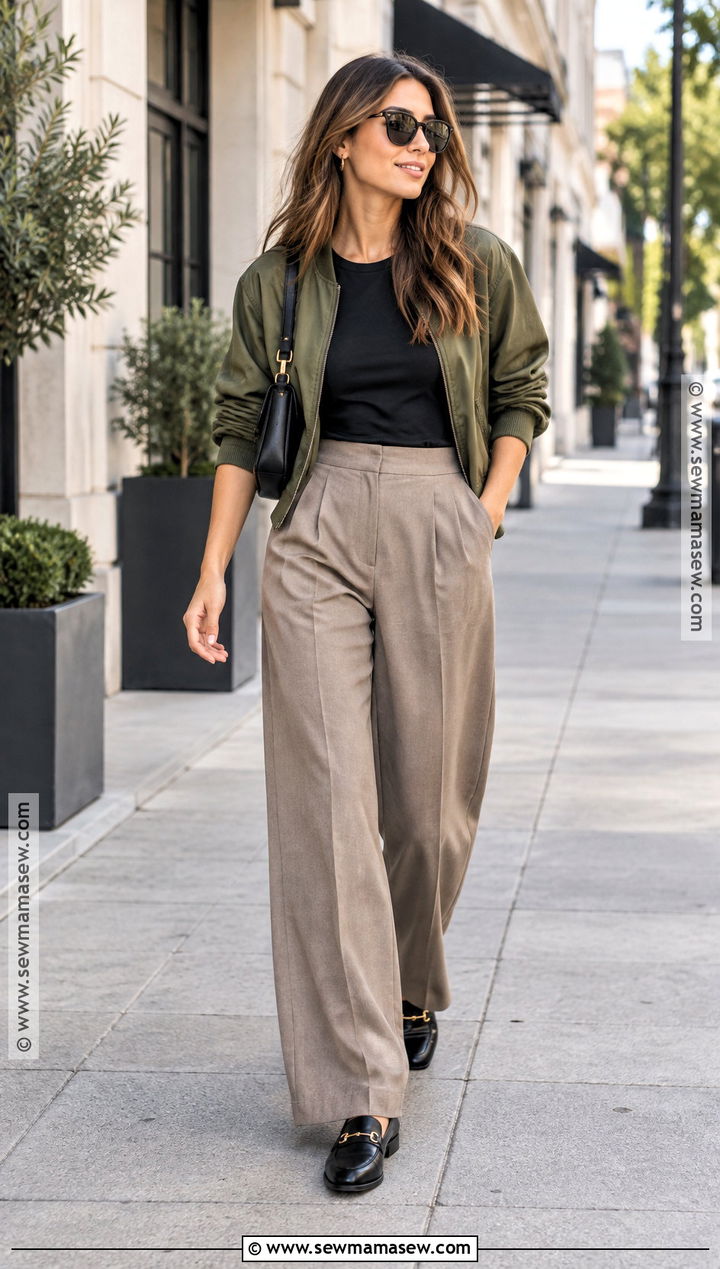 Wide Leg Trousers and Bomber Jacket Outfit - 15 casual summer to fall transition outfits