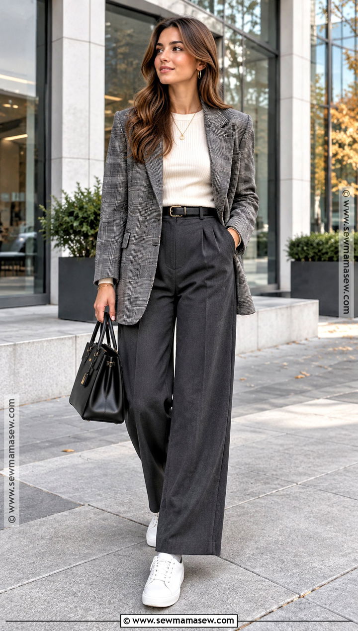 Wide Leg Trousers and Leather Tennis Shoes - 15 tennis shoe outfits fall