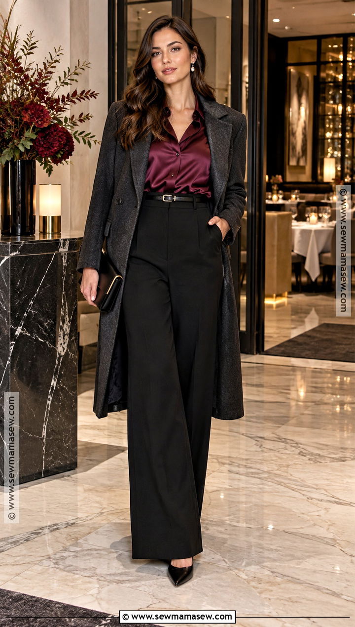 Wide Leg Trousers and Satin Blouse Autumn Dinner Outfit - 25 autumn dinner outfit ideas