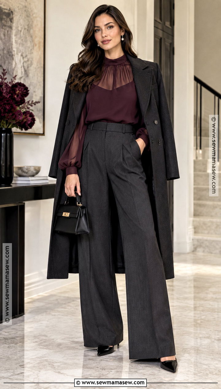 Wide Leg Trousers and Sheer Blouse Outfit - 15 Cute Fall Dressy Outfits