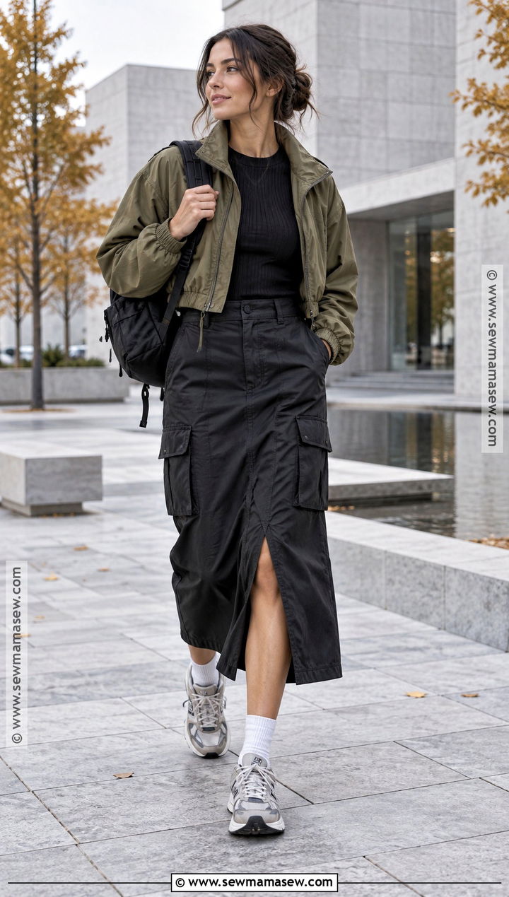 Windbreaker And Cargo Midi Skirt Streetwear Outfit - 20 streetwear autumn outfits