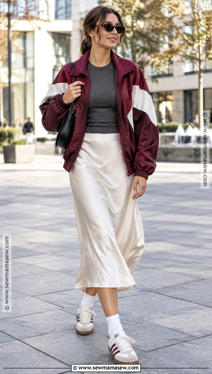 Windbreaker And Midi Skirt Autumn Outfit - 20 Cool Girl Autumn Outfits