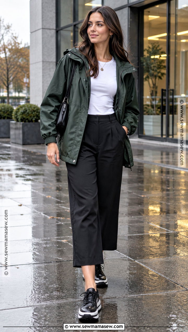 Windbreaker And Wide Leg Trousers Autumn Rain Outfit - 20 rainy day autumn outfit ideas