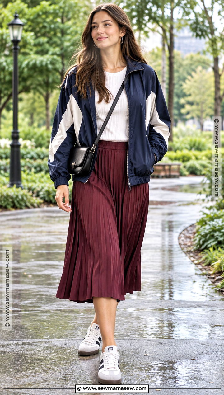 Windbreaker Fall Outfit With A Pleated Skirt - 25 Fall Outfits Women Aesthetic