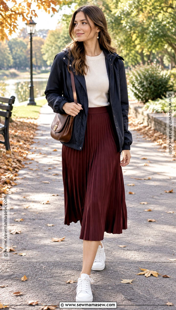 Windbreaker With Pleated Midi Skirt - 15 chic fall fashion look ideas