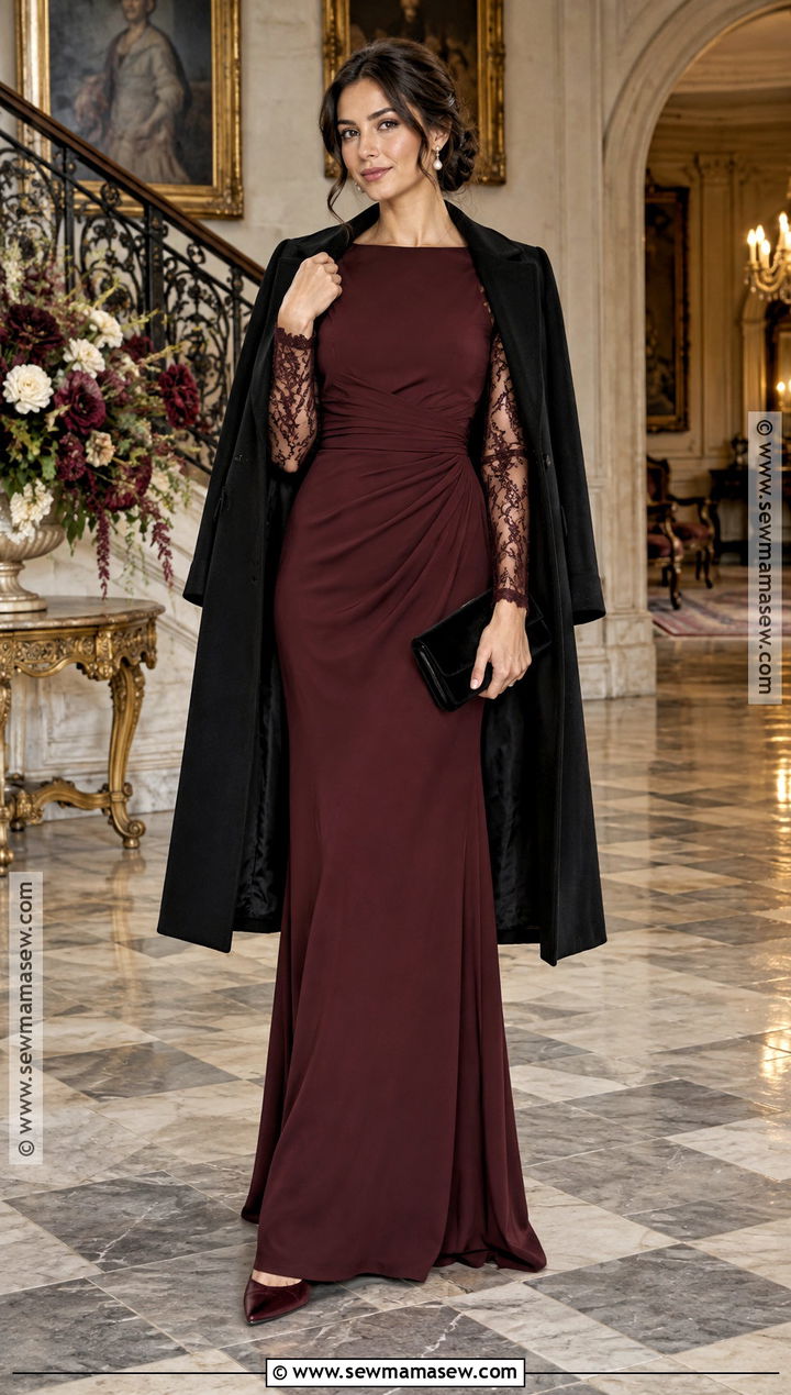 Wine Lace Sleeve Gown Outfit - 15 Black Tie Optional Wedding Guest Dress Fall Ideas