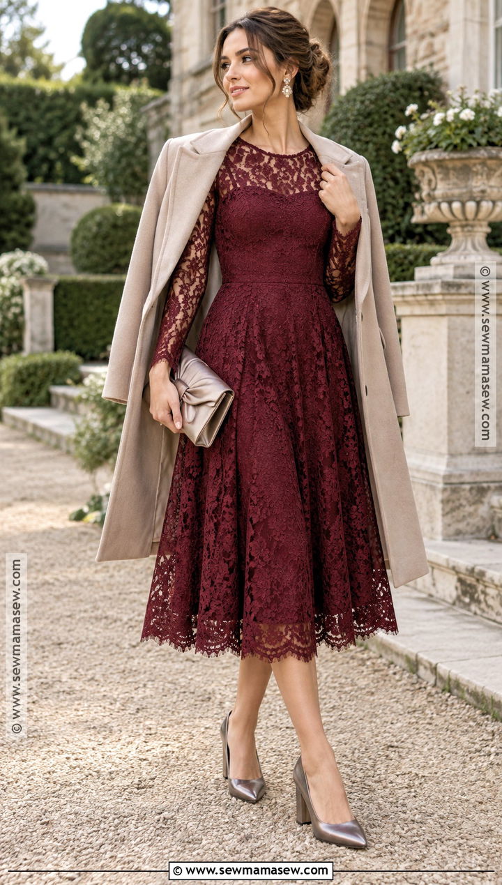 Wine Red Lace Midi Dress Outfit - 20 fall garden party wedding outfit guest ideas