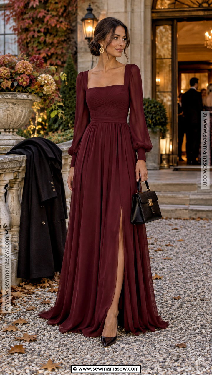 Wine Red Long Sleeve Maxi Dress - 15 Dresses For October Wedding Guest