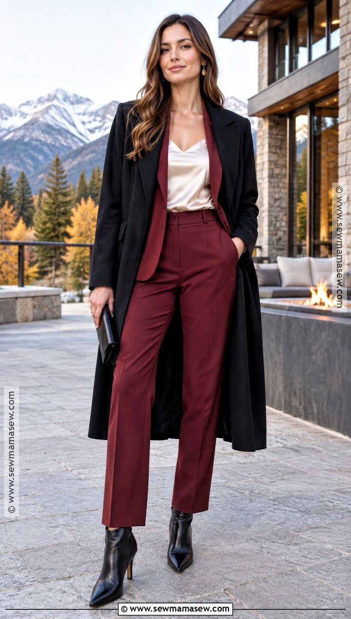 Wine Red Pantsuit Fall Mountain Wedding Outfit - 15 fall mountain wedding guest outfit ideas