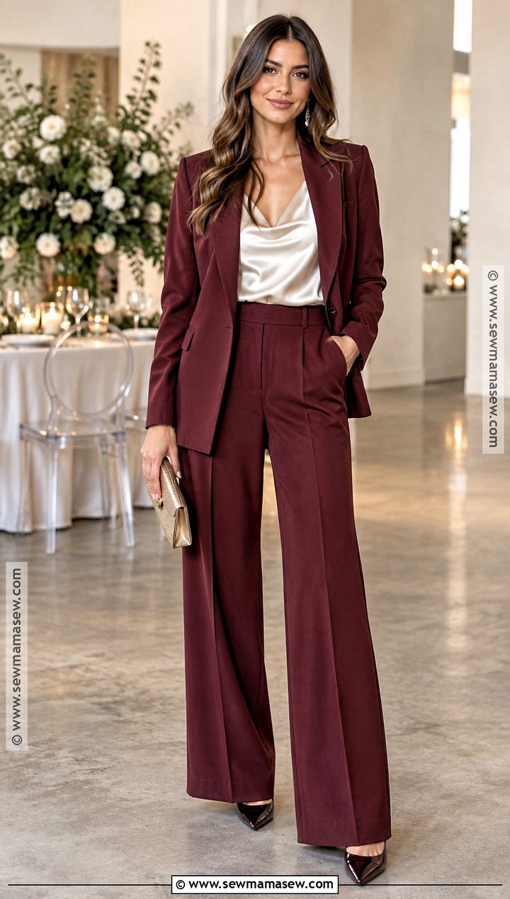 Wine Wide Leg Trousers For Fall Wedding Guest - 15 fall outfits for wedding guest
