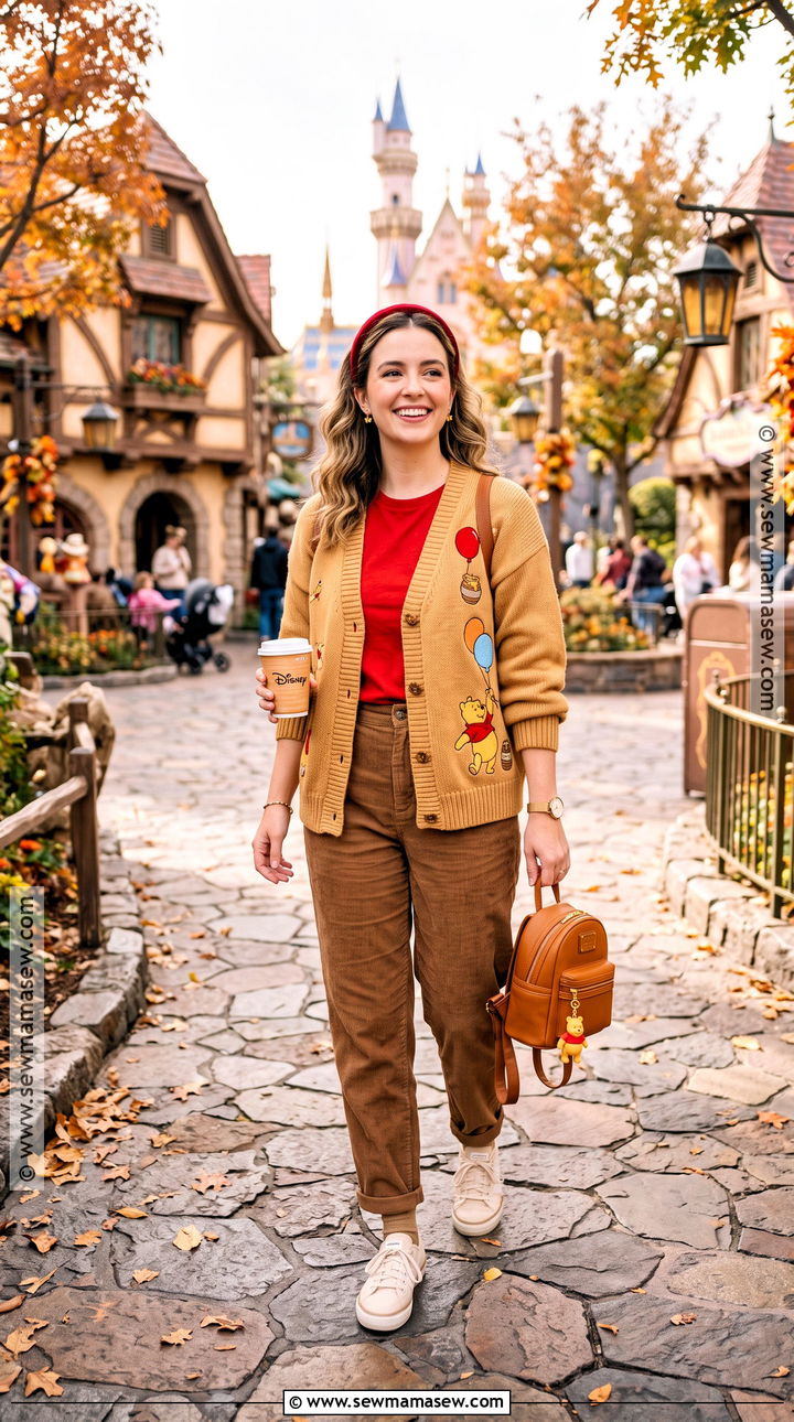 Winnie The Pooh Cardigan And Corduroy Pants Outfit - 20 Disney Outfits Women Fall