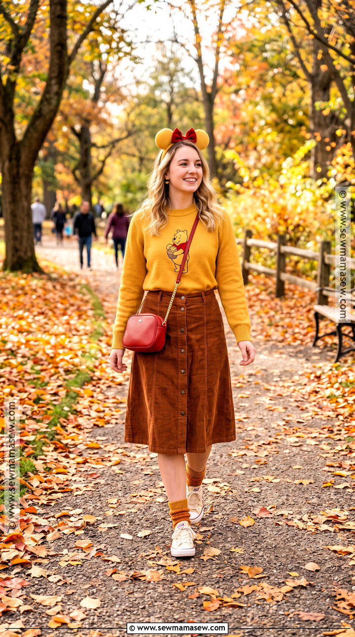 Winnie The Pooh Sweater And Corduroy Skirt Outfit - 20 Disney November Outfits