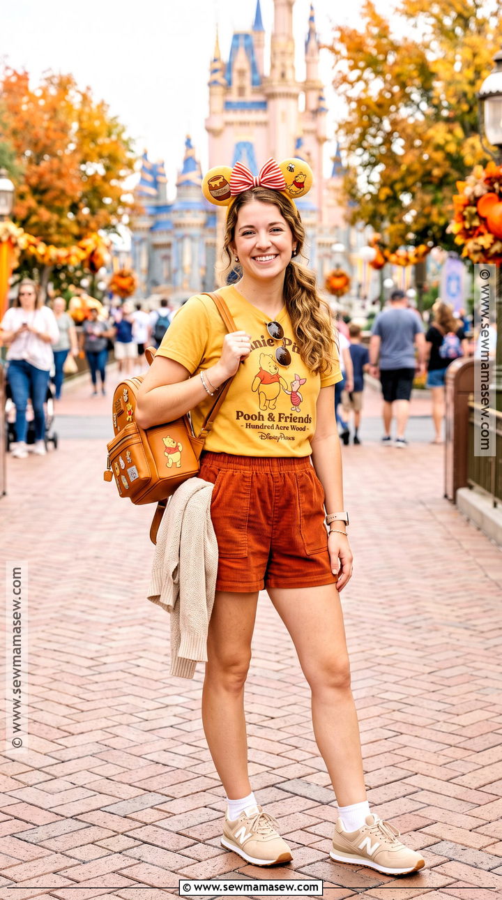 Winnie The Pooh T Shirt And Rust Shorts Disney World Outfit - 15 October Disney World Outfits