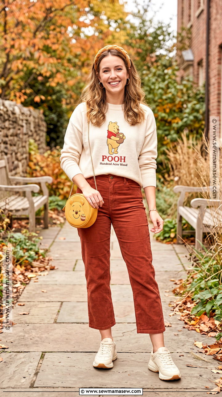 Winnie the Pooh Fall Outfit With Corduroy Pants - 20 Disney Fall Outfit Ideas for Women