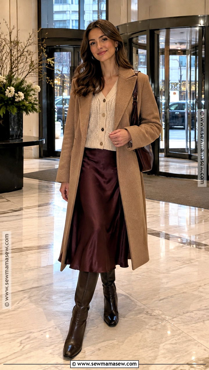 Winter Cardigan Outfit With a Satin Midi Skirt - 25 winter fall outfits