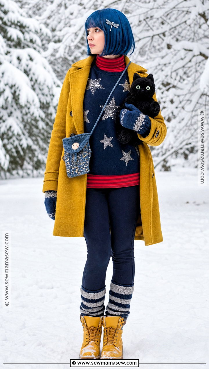 Winter Coraline Costume With Blue Sweater - 30 caroline costume ideas