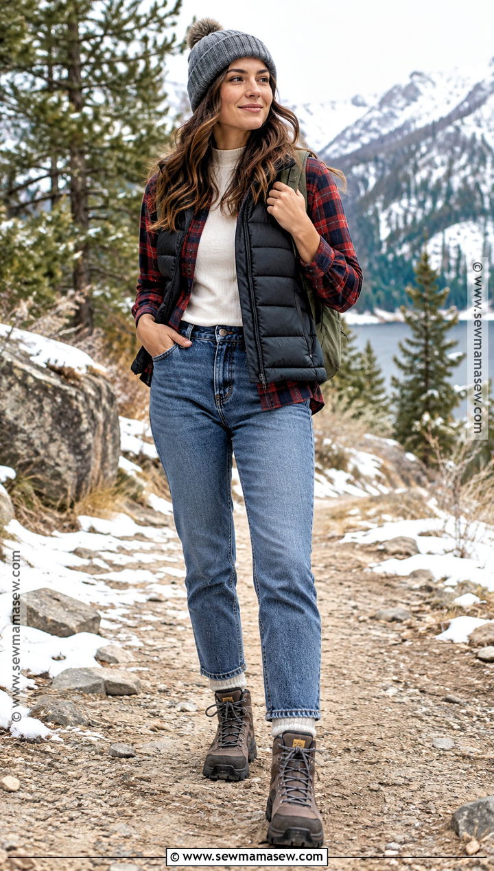 Winter Flannel Shirt Outfit With a Puffer Vest - 25 winter fall outfits