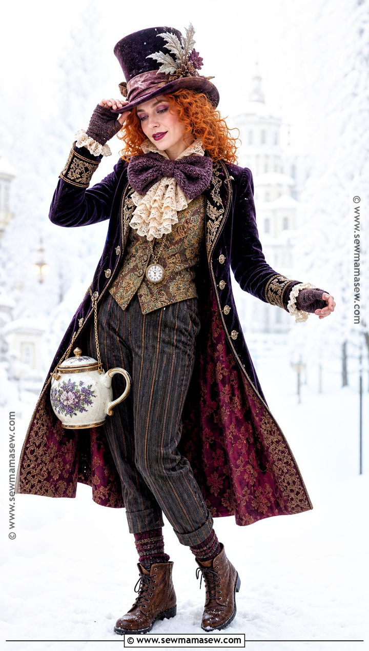 Winter Mad Hatter Costume With Velvet Layers - 50 mad hatter costume ideas